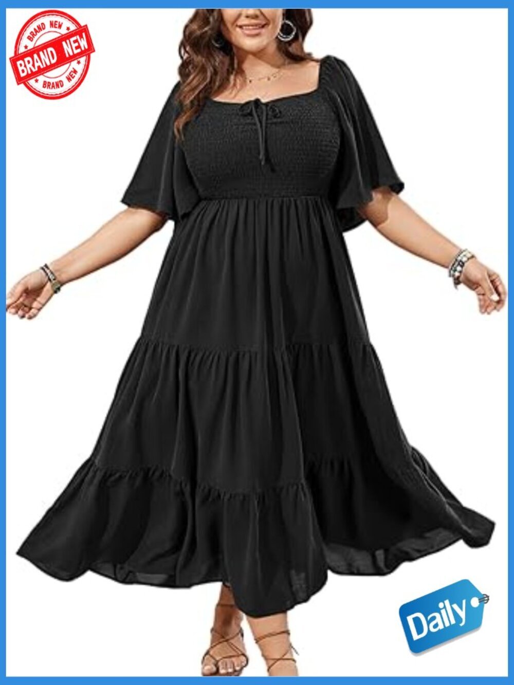 Women's Plus Size Maxi Dress Flutter Sleeve Square Neck Smocked Boho